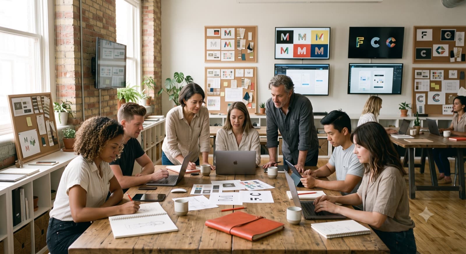 An agency team collaborating on multiple brands in a bright studio