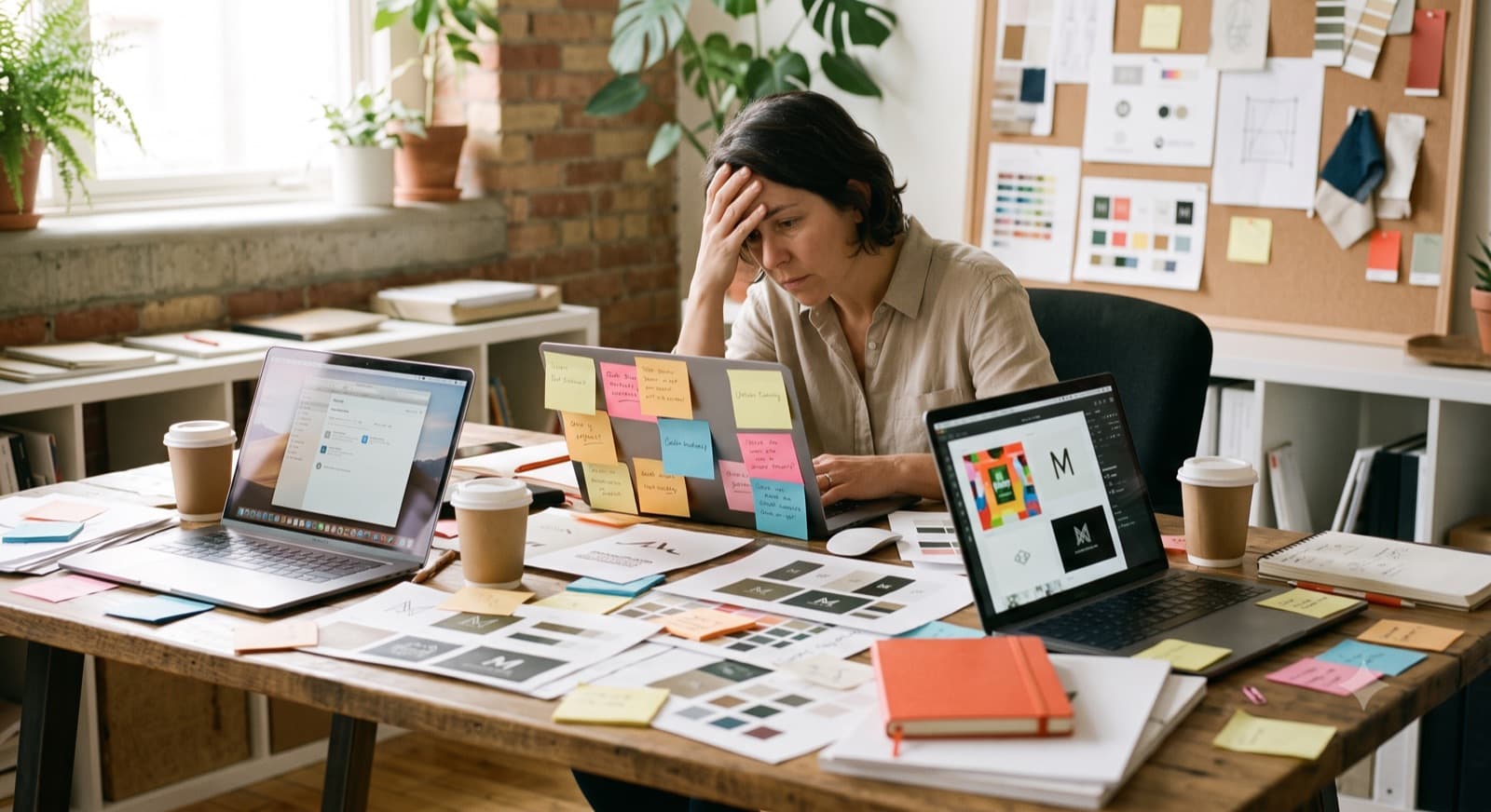 A marketer overwhelmed by scattered notes and conflicting brand documents